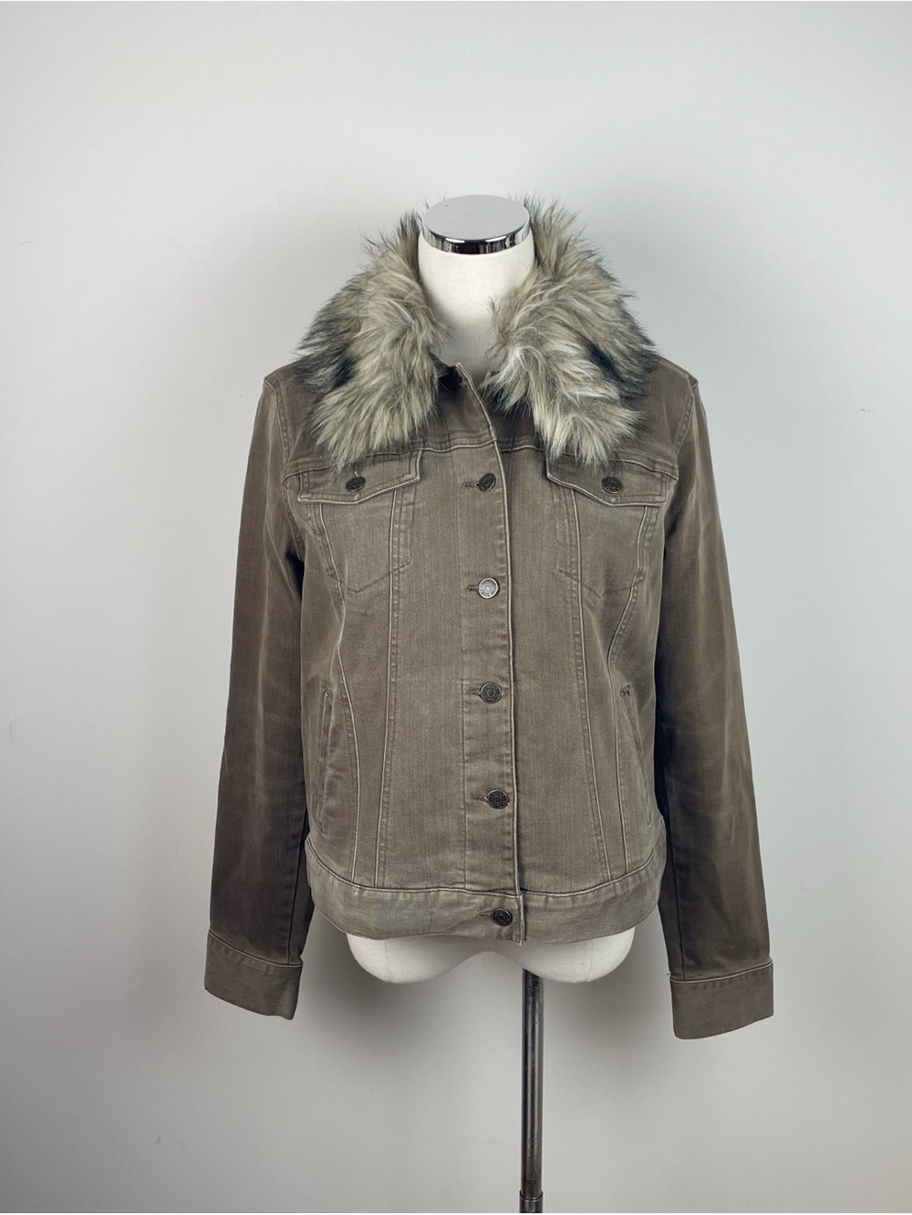 Ralph Lauren Brown Tan Faux Fur Collared Button Front Denim Jean Jacket Women